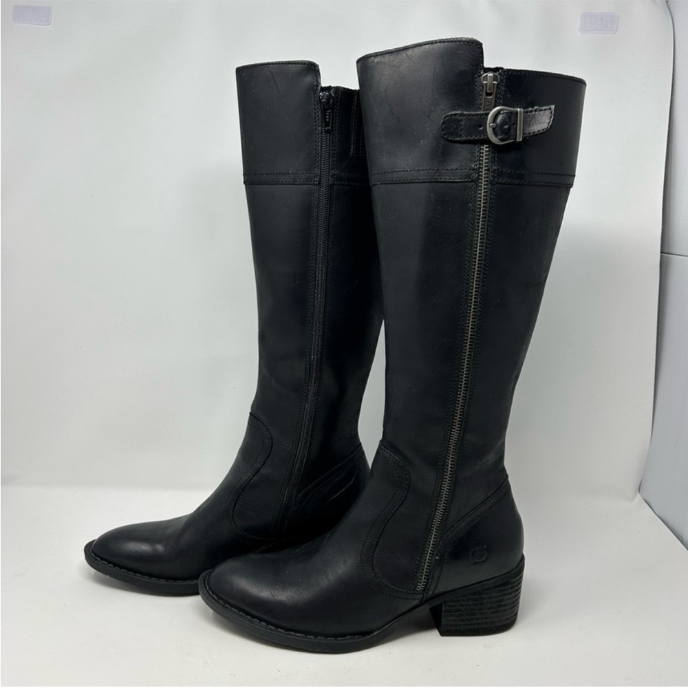 Born Fanner Black Leather Tall Knee High Riding Boots Size 8.5 Buckle Detail